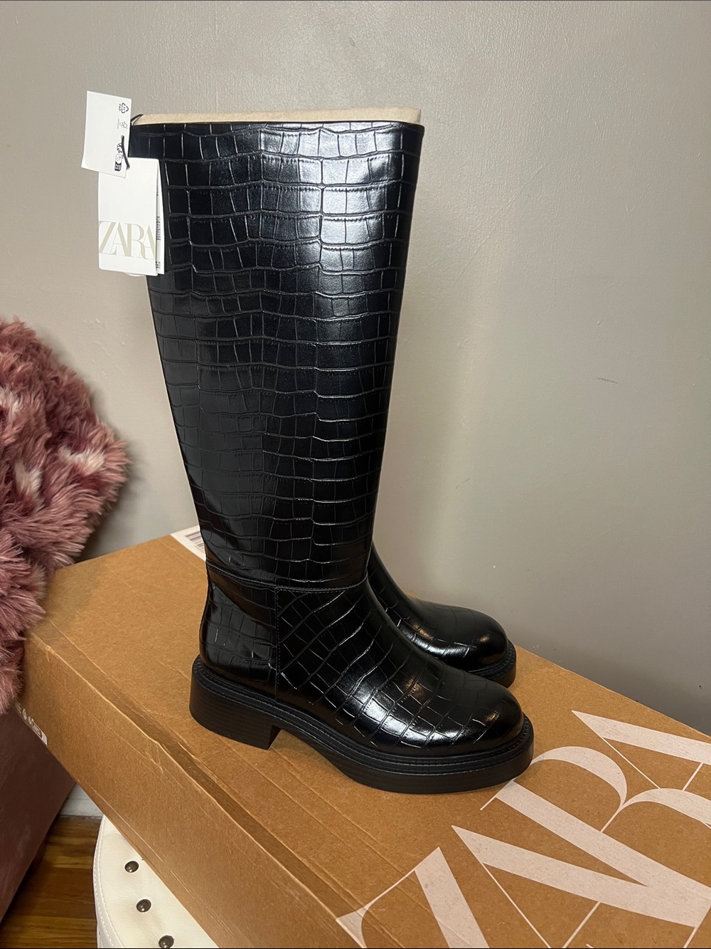 Zara Black Croc-Embossed Knee High Boots